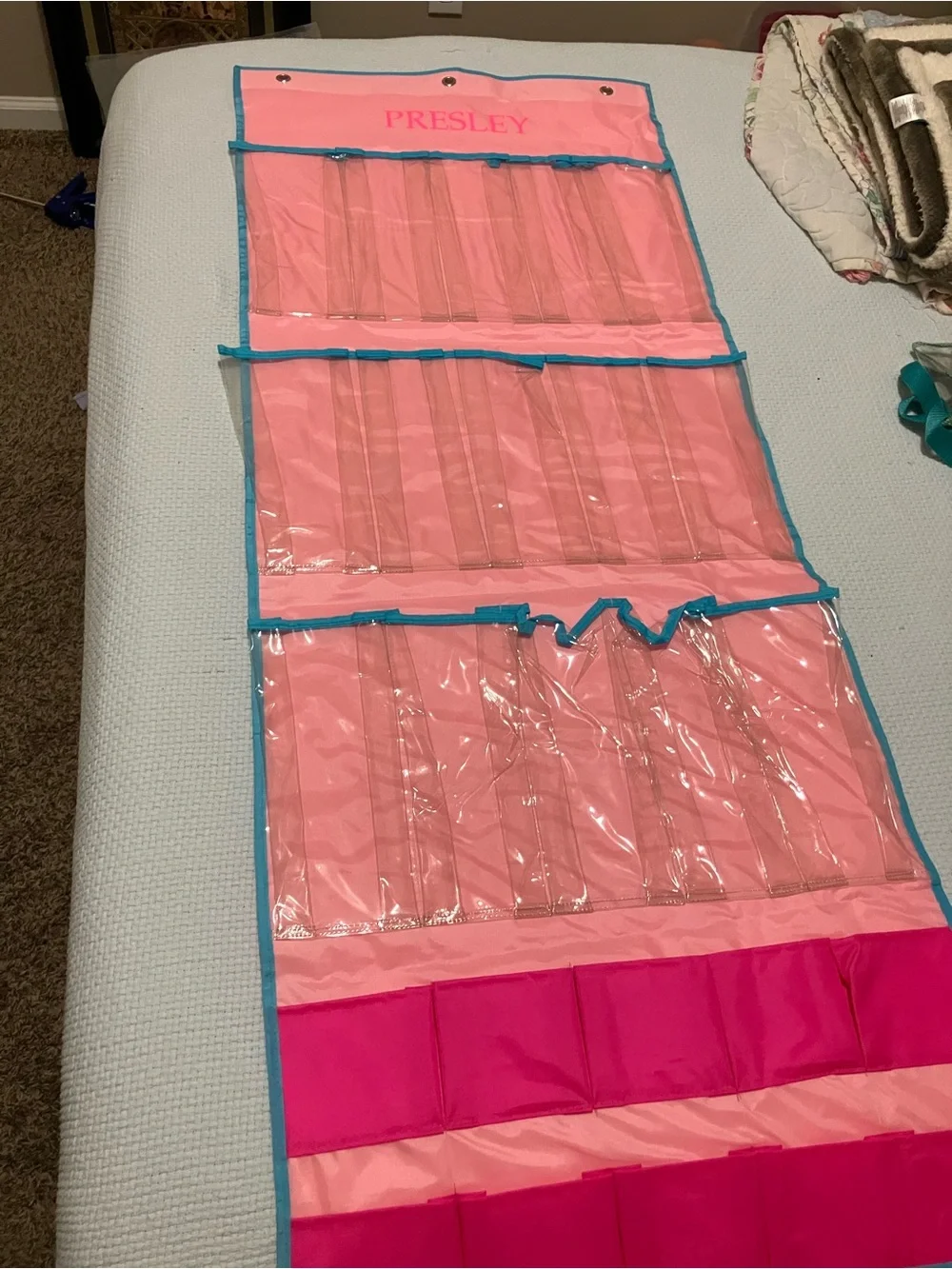 Personalized Pink Hanging Organizer with Teal Trim - PRESLEY